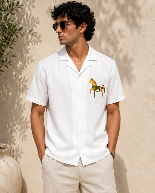 Artisanal Horse Embroidered Cuban Collar Linen Shirt