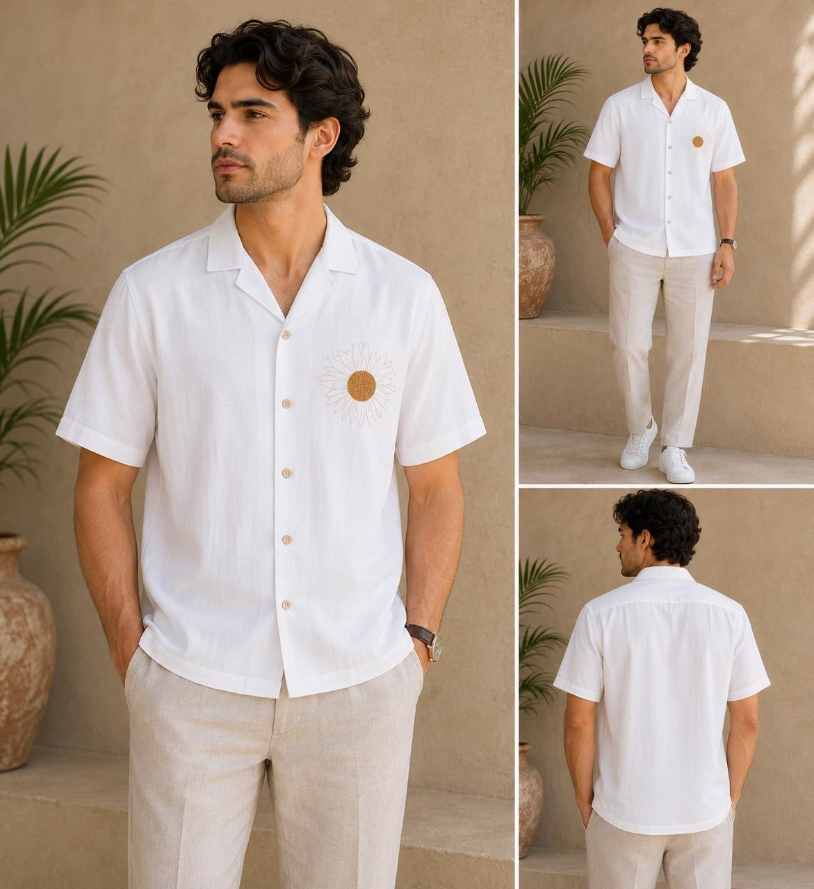 Embroidered Sunflower Linen Cuban Collar Shirt – Off-White