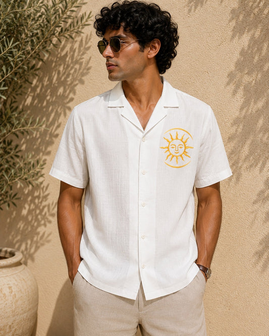 Solar Motif Embroidered Linen Resort Shirt – Off-White