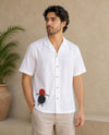 White Linen Camp-Collar Shirt with Sea Turtle Graphic