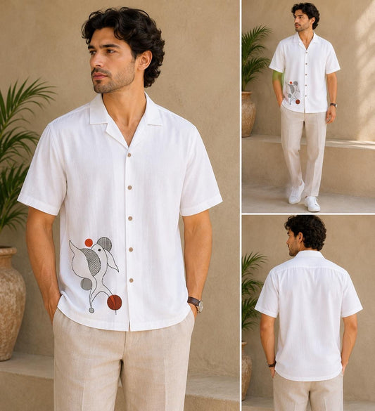 Abstract Embroidered Cuban Collar Short-Sleeve Linen Shirt