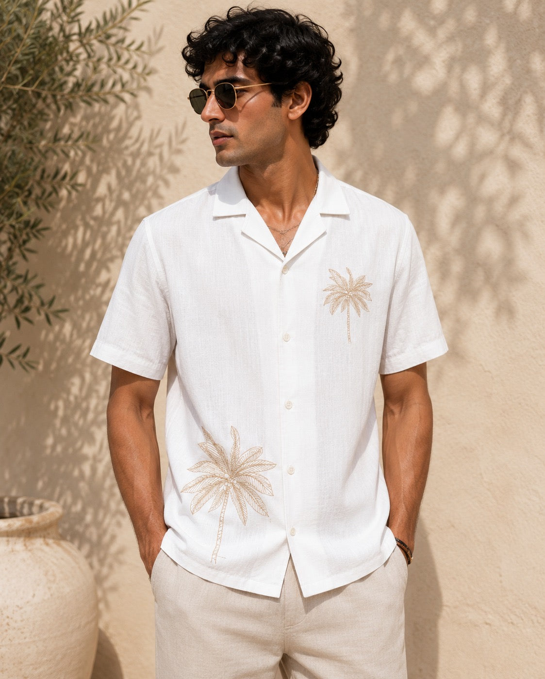 Embroidered Palm Tree Linen Resort Shirt - White